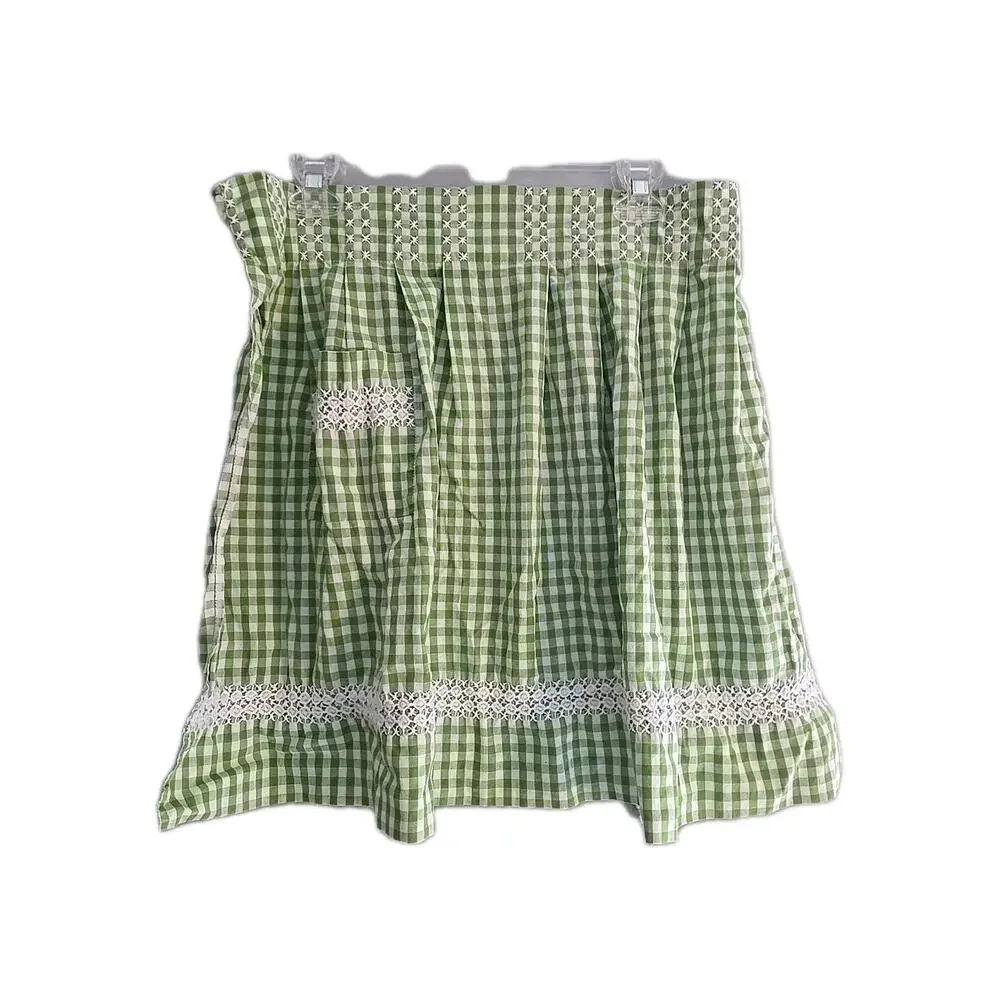 Vintage Green White Gingham Embroidered‎ Grannycore Half Apron Womans One Size